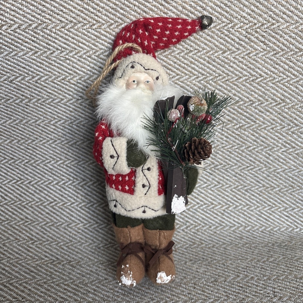 Woodland Santa Figurine 1" Ornament Tan‎ Pants Boots Skis Greens Pinecone
